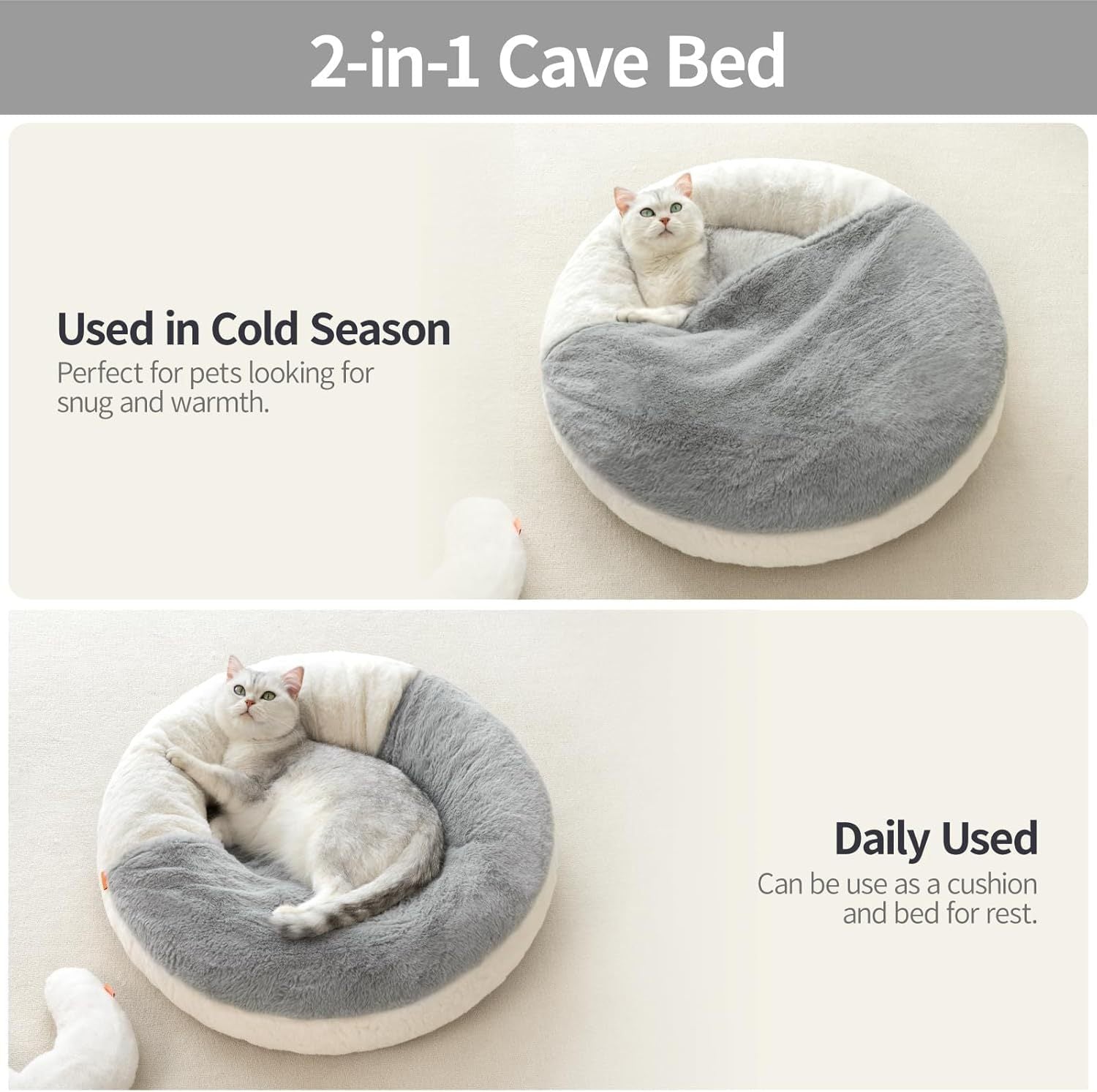 MEWOOFUN Enclosed Cat Bed Cave - Washable Pet Bed With Blanket & Non-Slip Base For Cats & Small Dogs 22'' X 22'', White