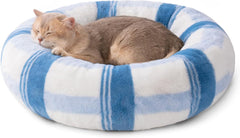 MEWOOFUN Plush Round Cat Bed For Indoor Cats - Calming Washable Pet Bed With Non-Slip Bottom, Soft Fluffy Dog Bed For Puppy & Kitten, 23 Inch Blue Striped