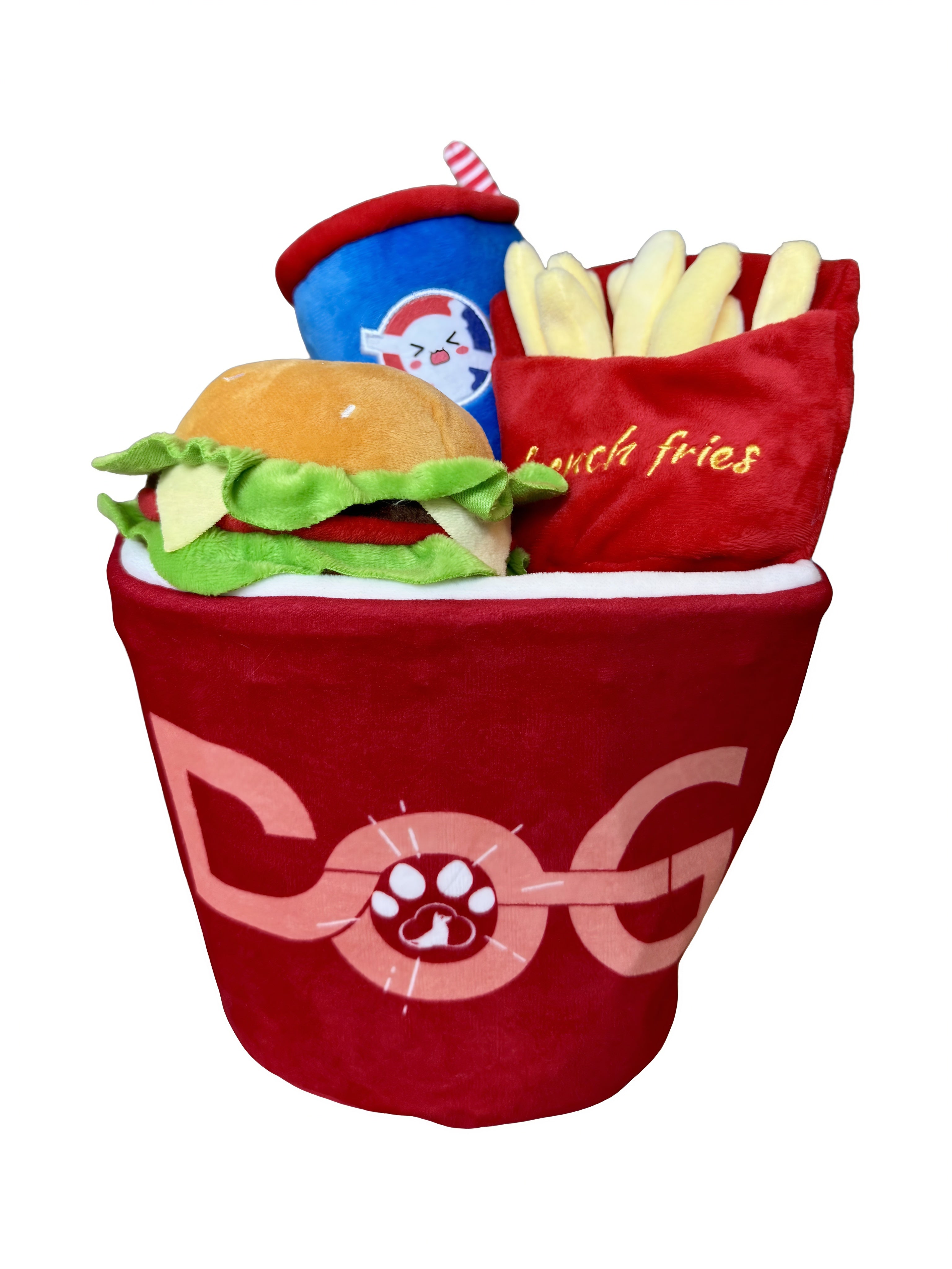 4-in-1 Fast Food Bucket Dog Toy Set, Squeaky Plush Bucket, Fries, Soda & Burger,