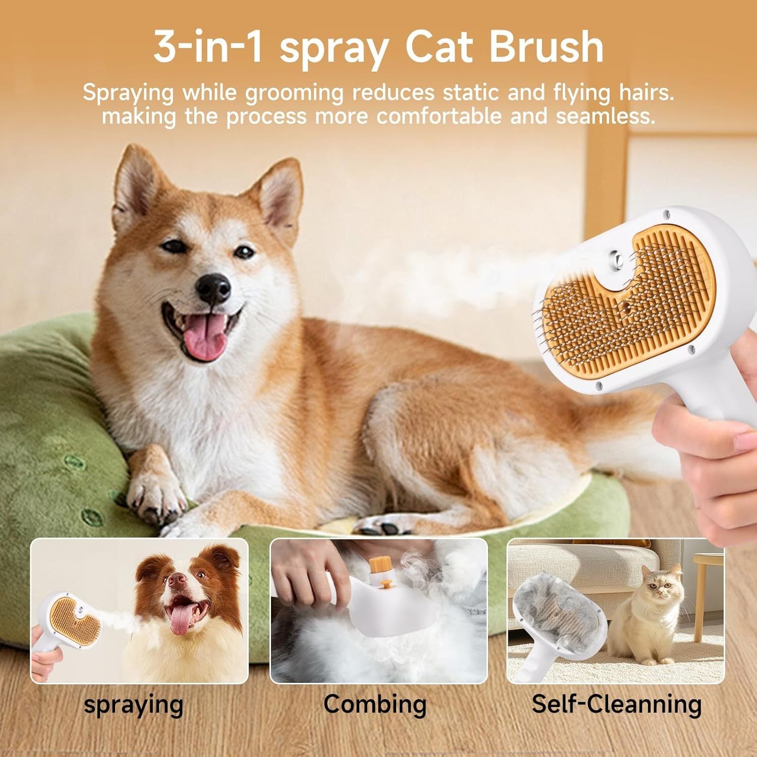 Universal Pet Steam Brush For Cats And Dogs 3-in-1 Spray Hair Removal Comb With Waterless Shampoo And Ear Towel,Tiktok, Amazon, Walmart Banned