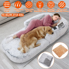 1Pc Large Foldable Human Size Dog Bed With Pillow Blanket Flurry Plush Napping Human-Sized Dog Bed Machine Washable Zipped Removable Cover For Pets Kids Adults Grey 71x45x10in