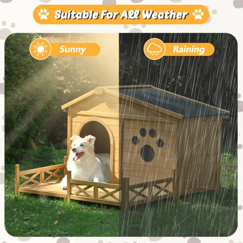 48 Wooden Dog House Outdoor With Porch, Dog Kennel With Water-Resistant Asphalt Roof And Fencing,Indoor & Outdoor Dog Crate With Paw Print, Medium, Nature